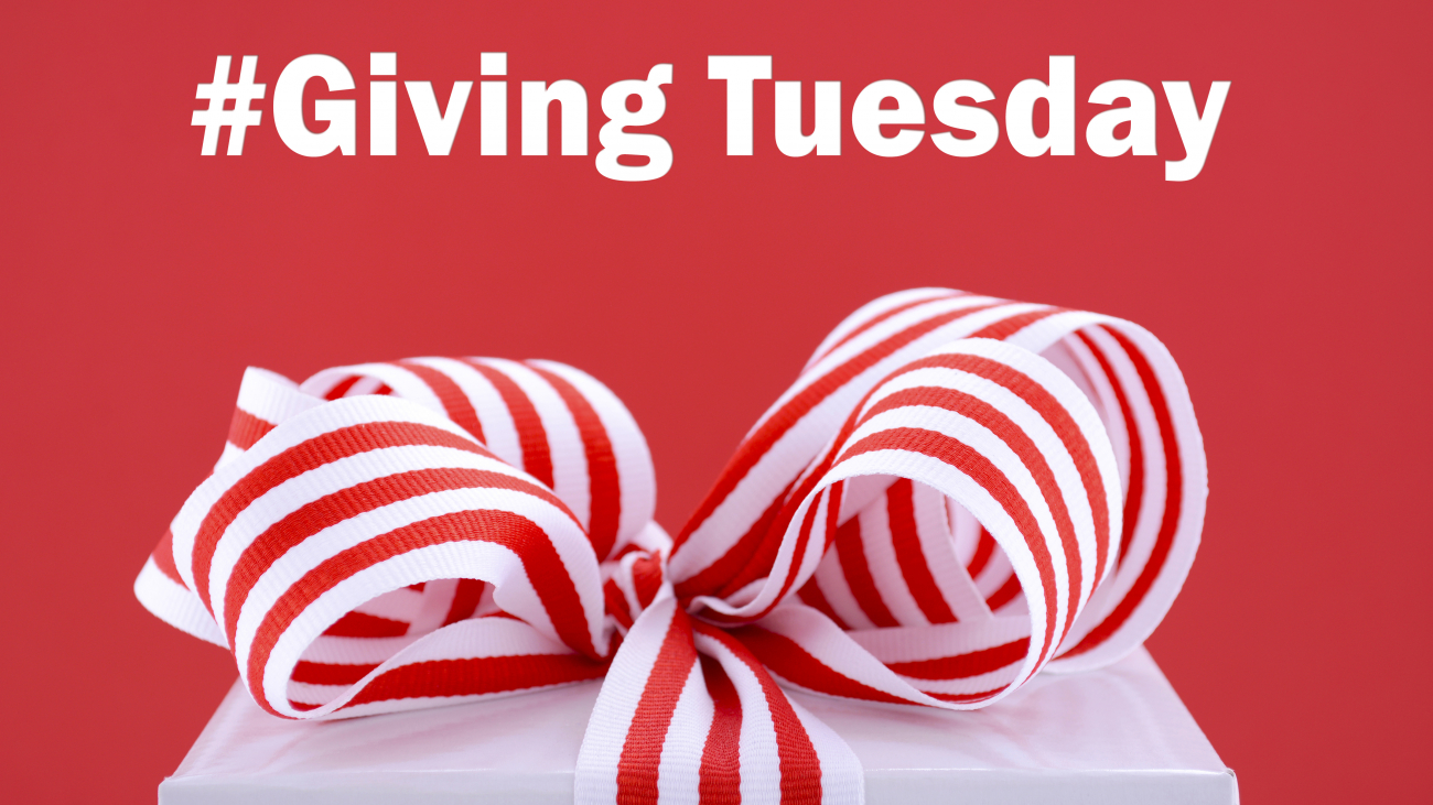 Red and white gift symbolic for Giving Tuesday with sample text on bright red and white background.