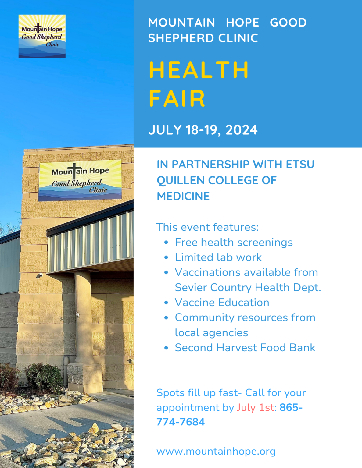 Health Fair July 18-19 2024. Make your appointment today at 865-774-7684!